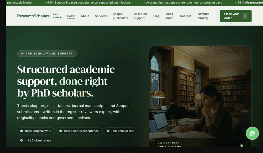 ResearchScholars.online homepage showing a dense service offer with a clear lead.