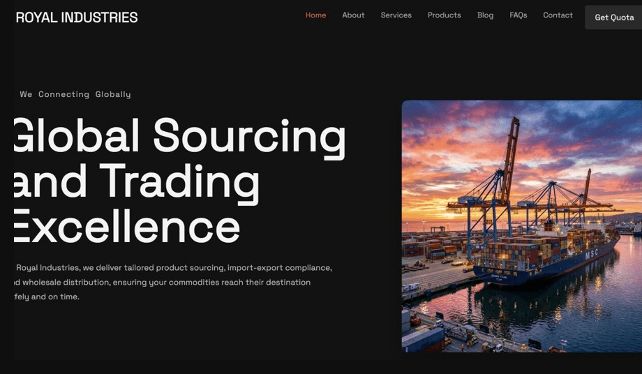 Royal Industries homepage showing a global sourcing position.